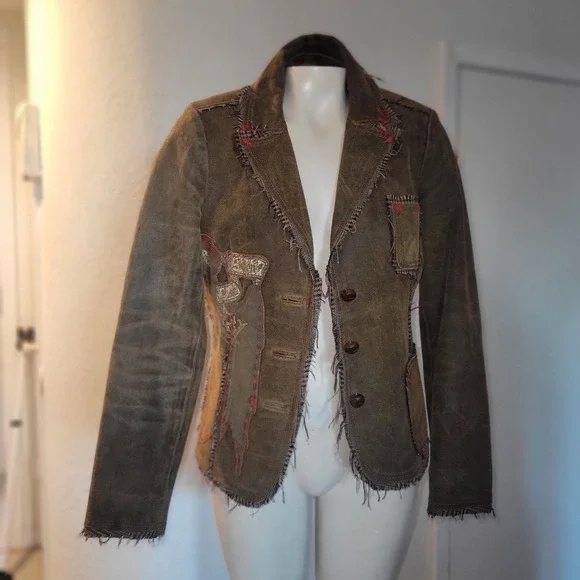 RAW Vintage Distressed Brown Suede Leather Blazer Jacket Applique Buttons M sexy - Picture 2 of 16